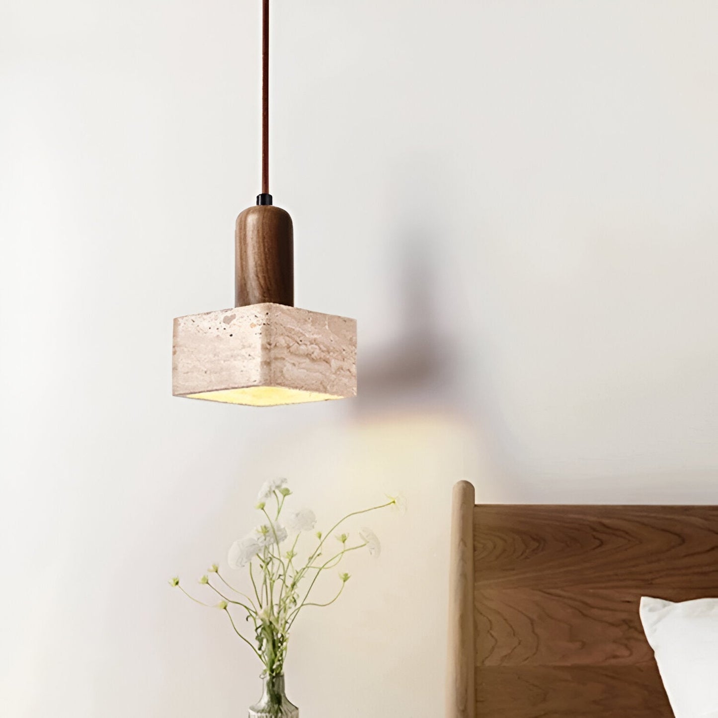 Luxe Vierkante LED Hanglamp van Travertin en Hout