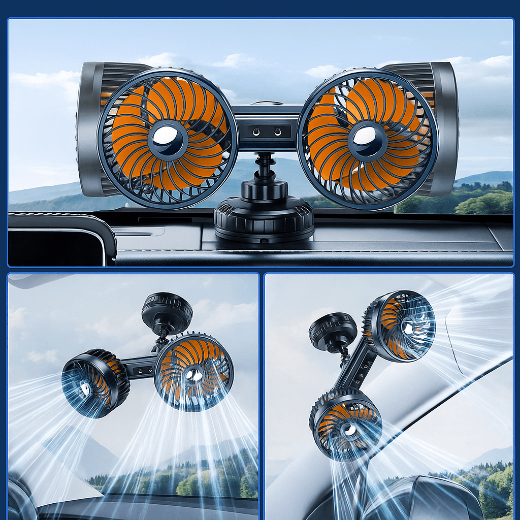 Dubbele Hoofd Auto Ventilator met Zuignap en Batterij