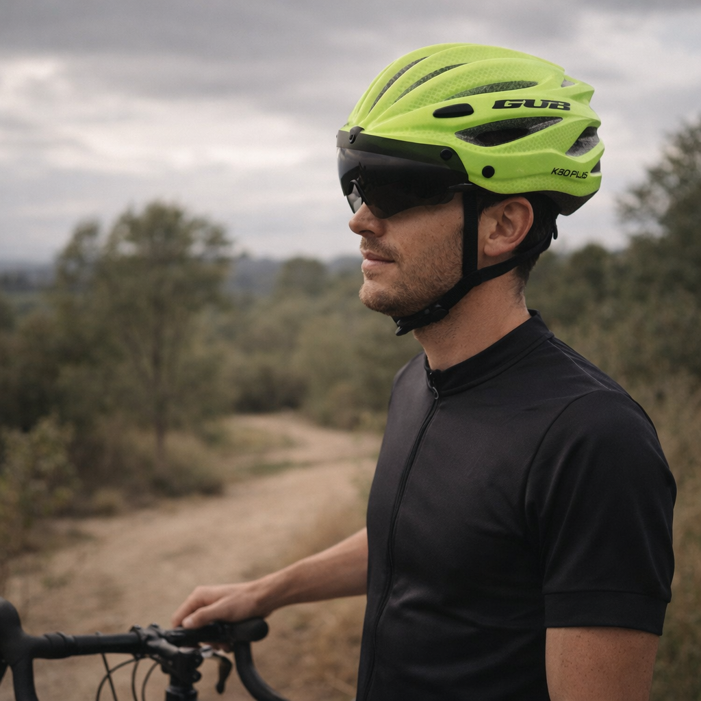 Fietshelm fluorescrend groen met vizier en geïntegreerde bril