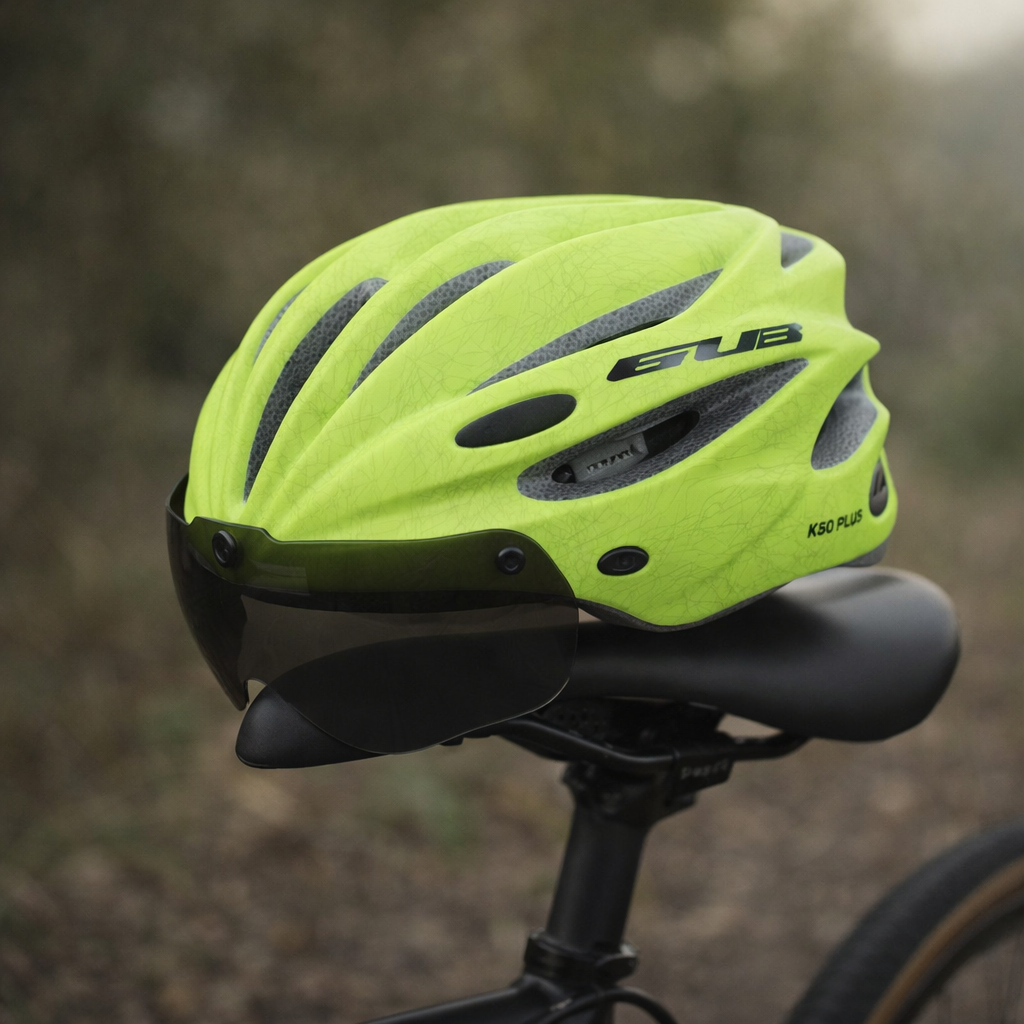 Fietshelm fluorescrend groen met vizier en geïntegreerde bril
