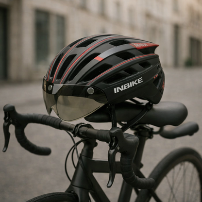 Fietshelm met geïntegreerde bril, LED-licht en ventilatie