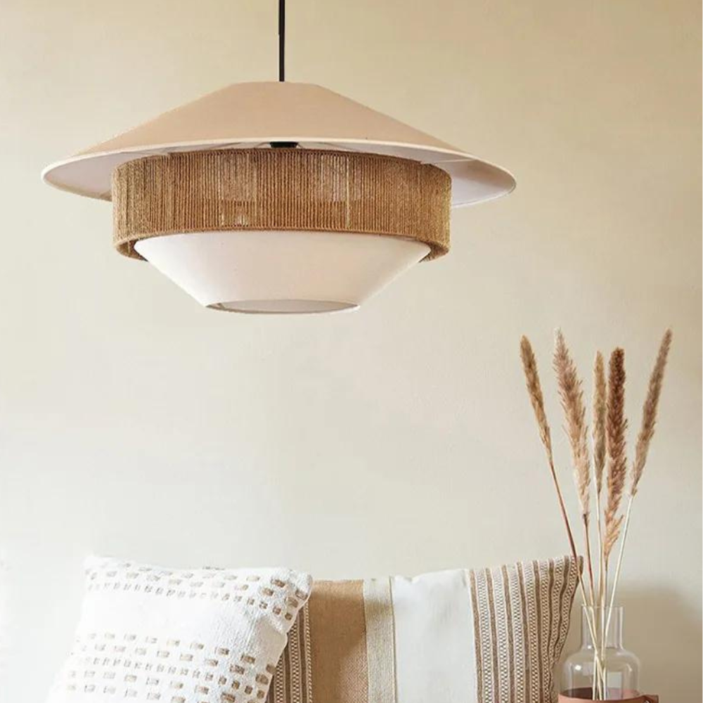 Elegante Hanglamp van Rotan en Stof