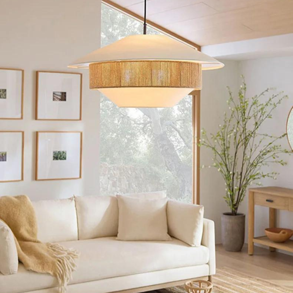 Elegante Hanglamp van Rotan en Stof