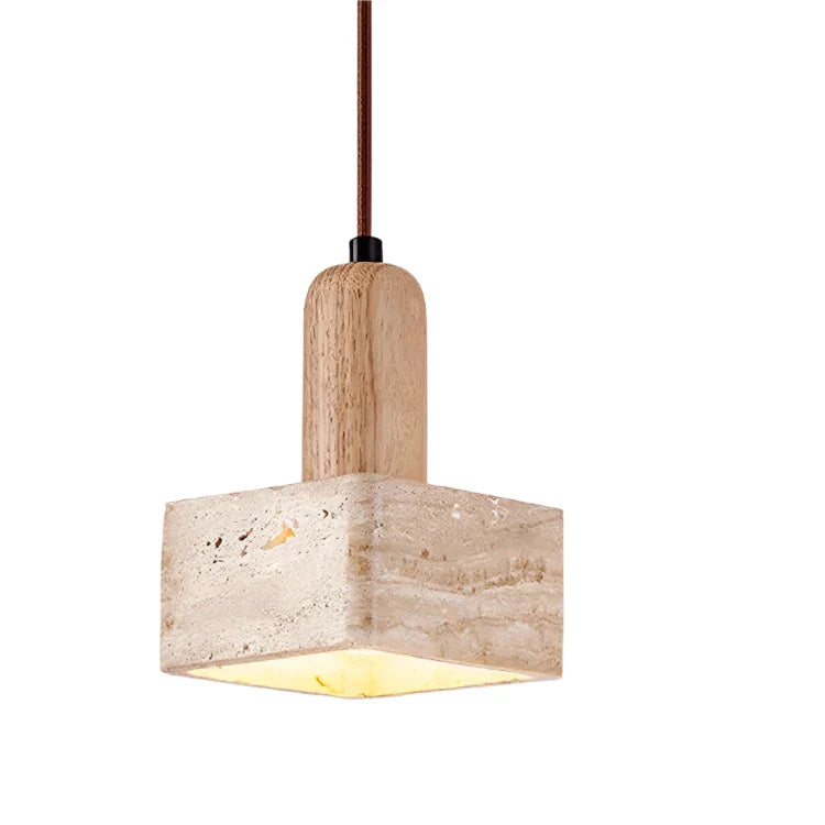 Luxe Vierkante LED Hanglamp van Travertin en Hout