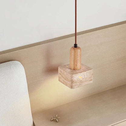 Luxe Vierkante LED Hanglamp van Travertin en Hout