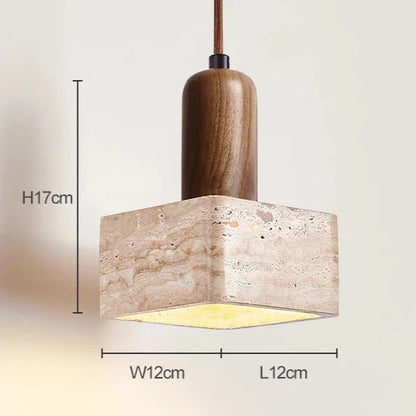 Luxe Vierkante LED Hanglamp van Travertin en Hout