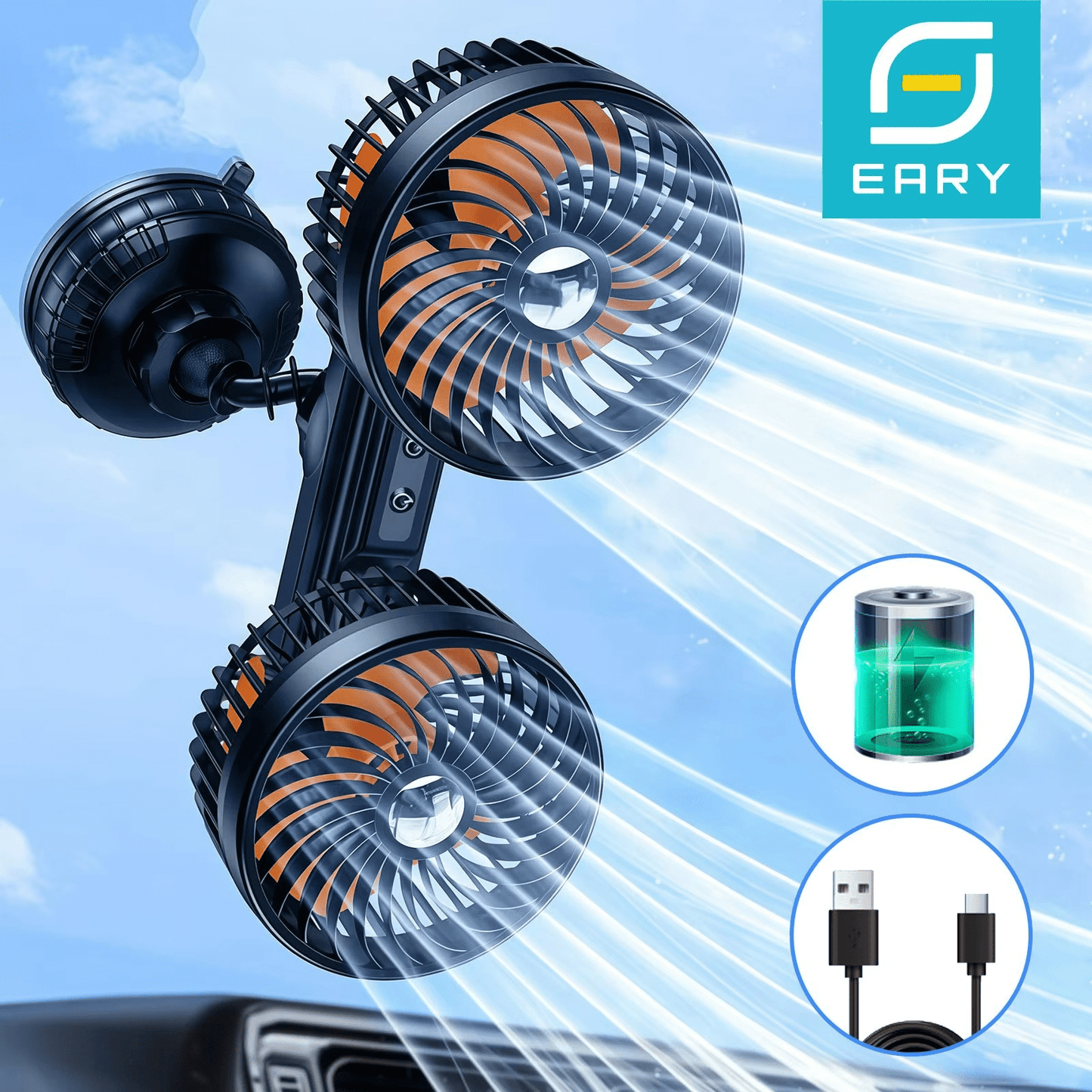 Dubbele Hoofd Auto Ventilator met Zuignap en Batterij