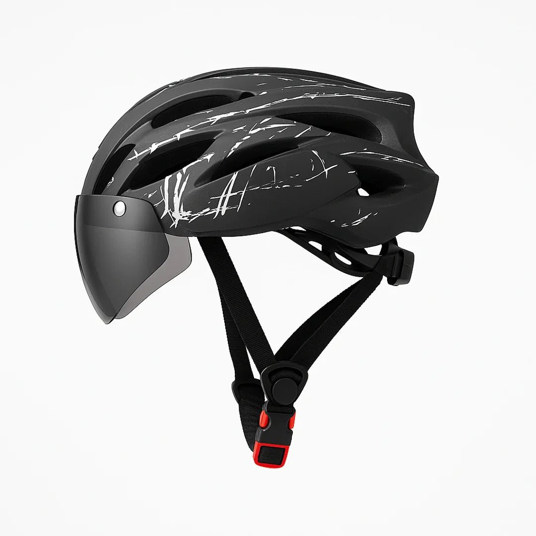 Fietshelm met geïntegreerde bril, LED-licht en ventilatie