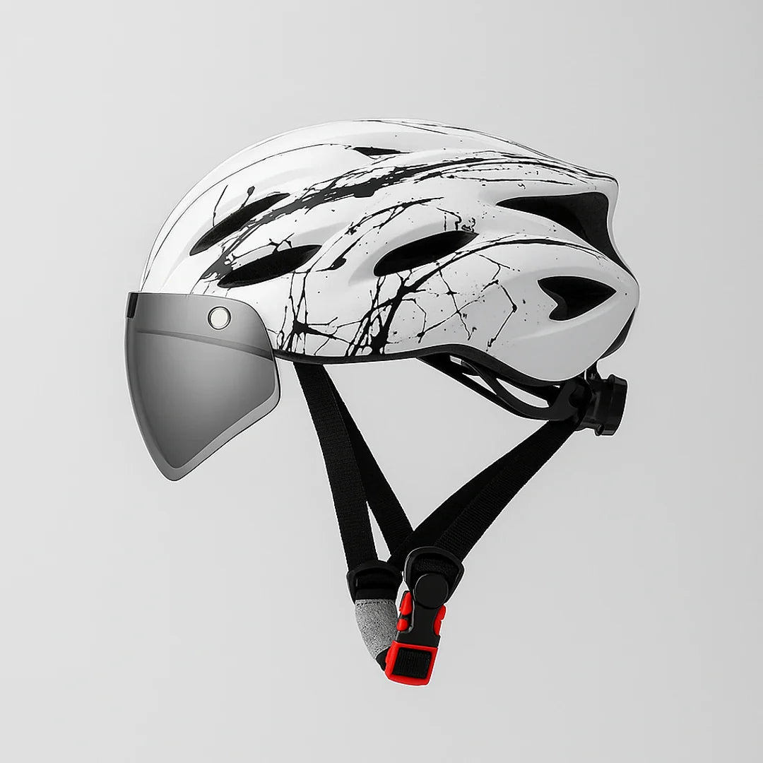 Fietshelm met geïntegreerde bril, LED-licht en ventilatie