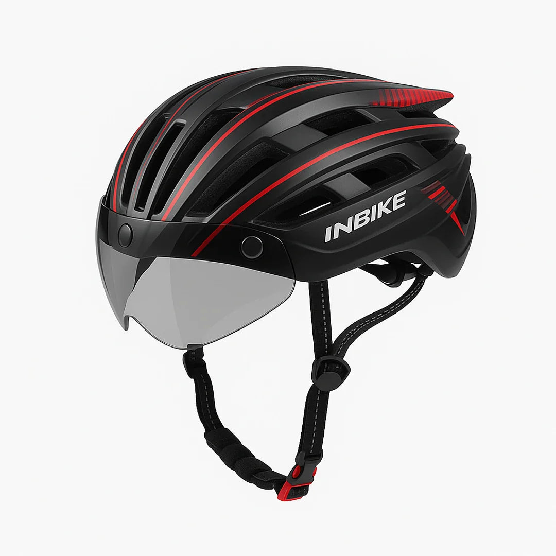 Fietshelm met geïntegreerde bril, LED-licht en ventilatie
