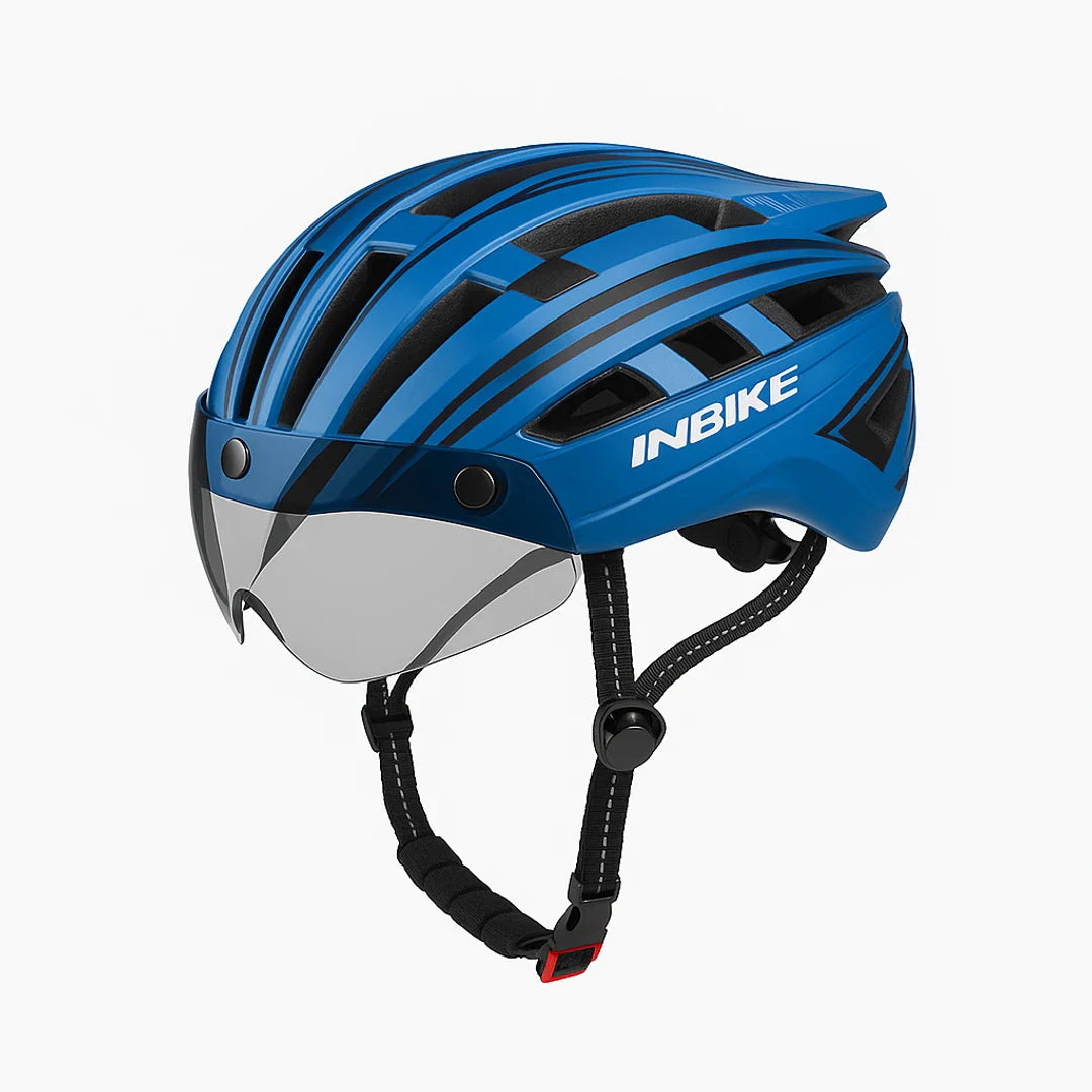 Fietshelm met geïntegreerde bril, LED-licht en ventilatie
