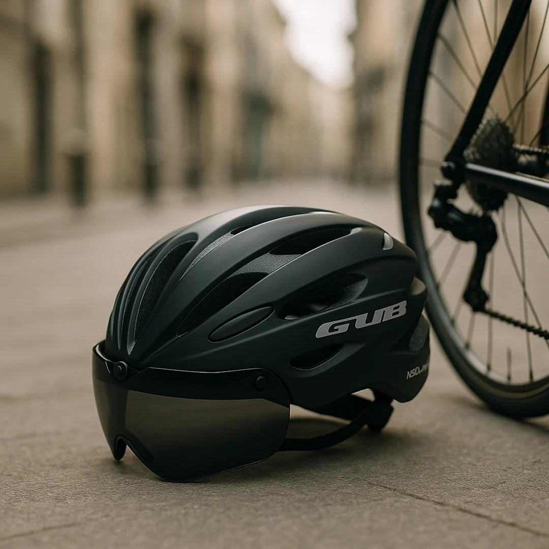 Fietshelm met geïntegreerde bril en vizier in zwart