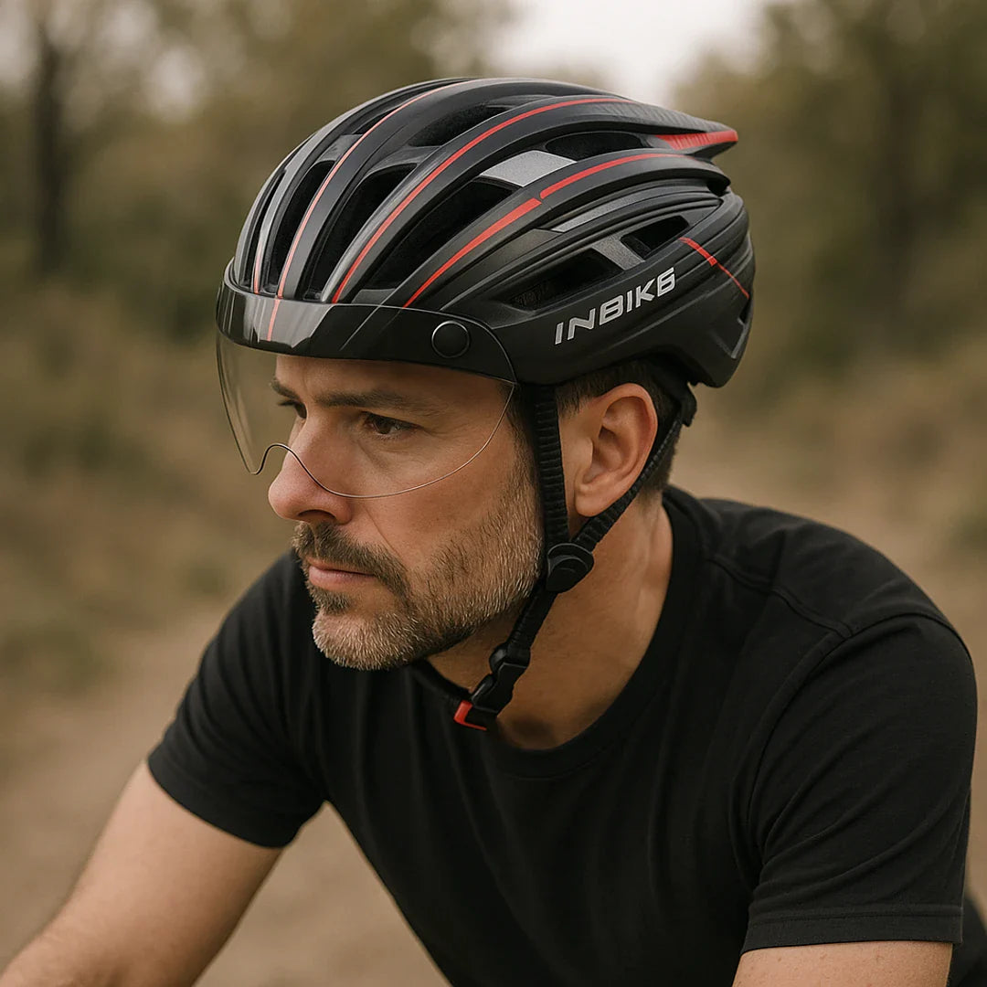 Fietshelm met geïntegreerde bril, LED-licht en ventilatie